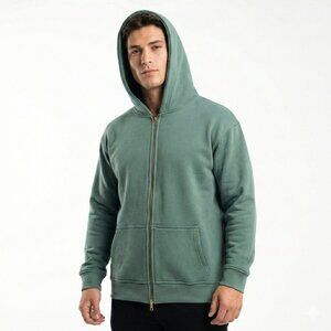 High Level HL Sage Green Two-way Zip-up Hoodie Stone Washed Vintage Men